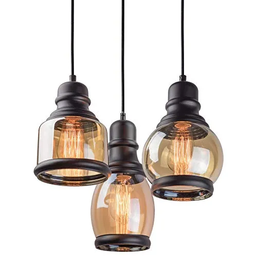 11.5" 3-Light Multi-Pendant Chandelier with Amber Tinted Jar Glass Shades