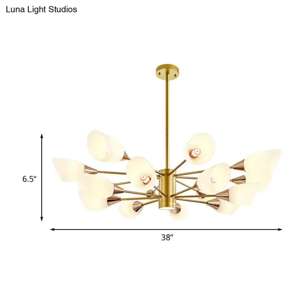 16-Bulb White Frosted Glass Chandelier - Post Modern Gold Floral Ceiling Lamp