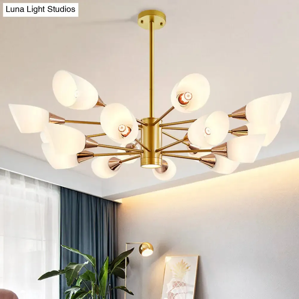 16-Bulb White Frosted Glass Chandelier - Post Modern Gold Floral Ceiling Lamp