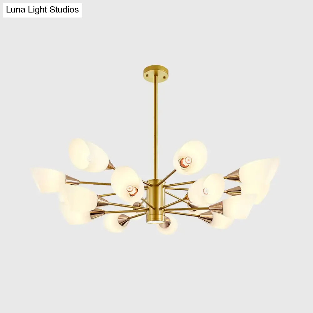 16-Bulb White Frosted Glass Chandelier - Post Modern Gold Floral Ceiling Lamp