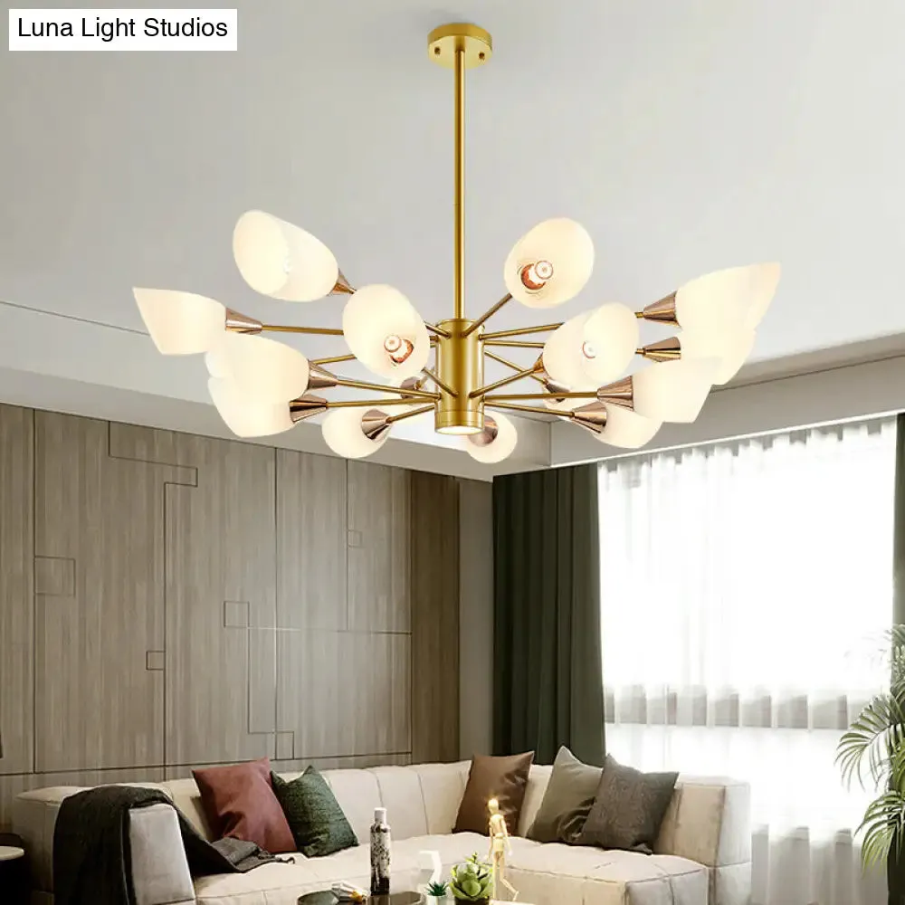 16-Bulb White Frosted Glass Chandelier - Post Modern Gold Floral Ceiling Lamp