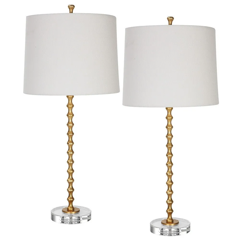 29 Inch Table Lamp, Set of 2, White Tapered Shade, Gold Leaf, Round Base By Casagear Home