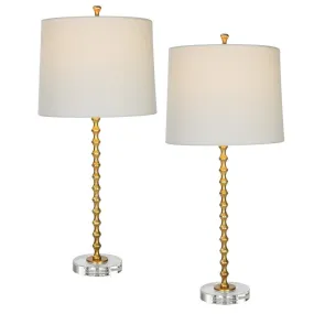 29 Inch Table Lamp, Set of 2, White Tapered Shade, Gold Leaf, Round Base By Casagear Home