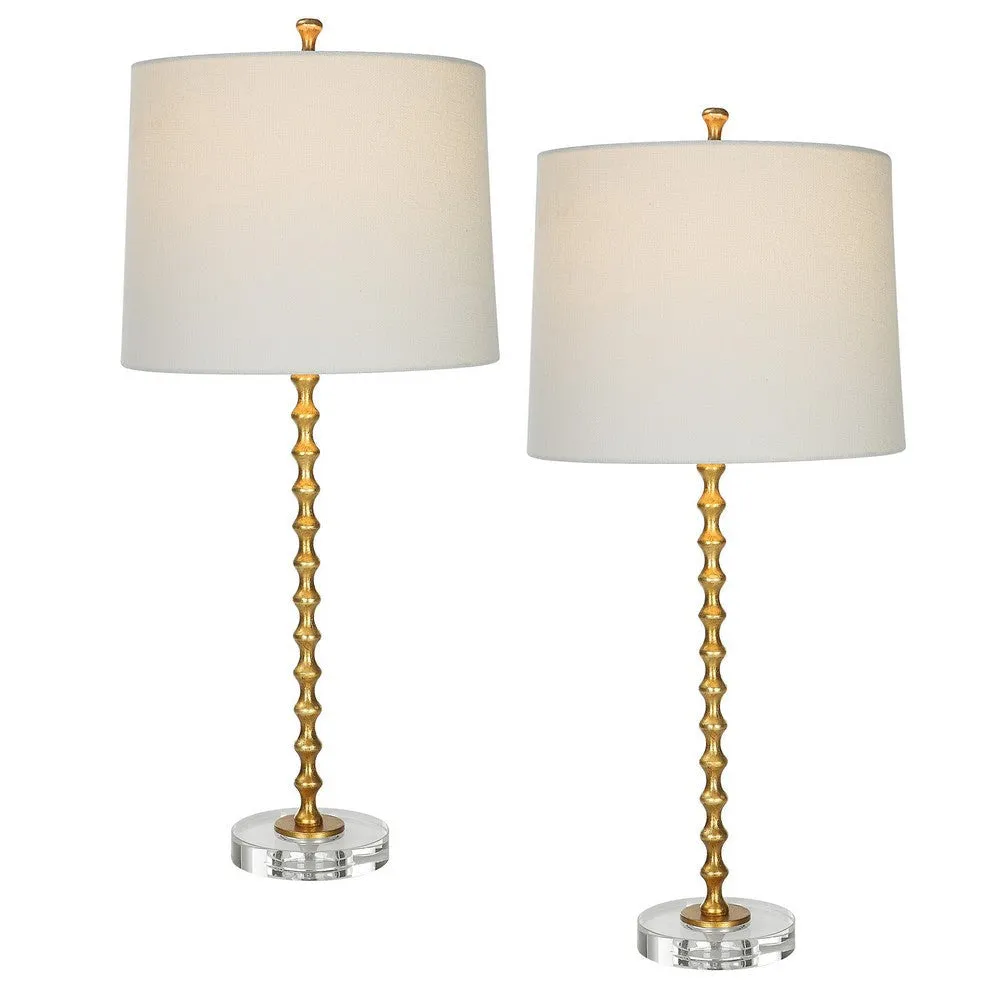 29 Inch Table Lamp, Set of 2, White Tapered Shade, Gold Leaf, Round Base By Casagear Home