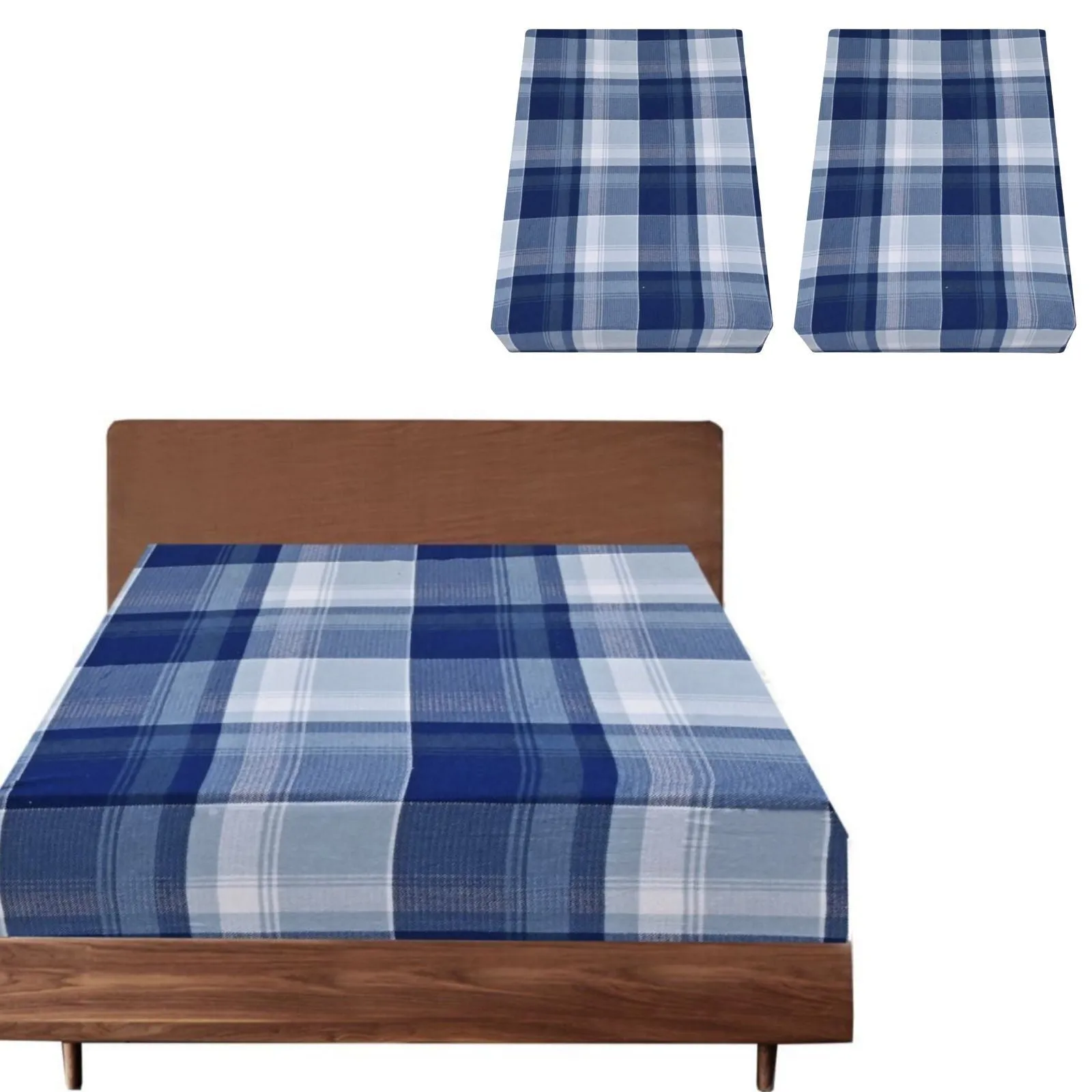 2x Queen Luxury 100% Cotton Flannelette Fitted Bed Sheet - Blue Check Print