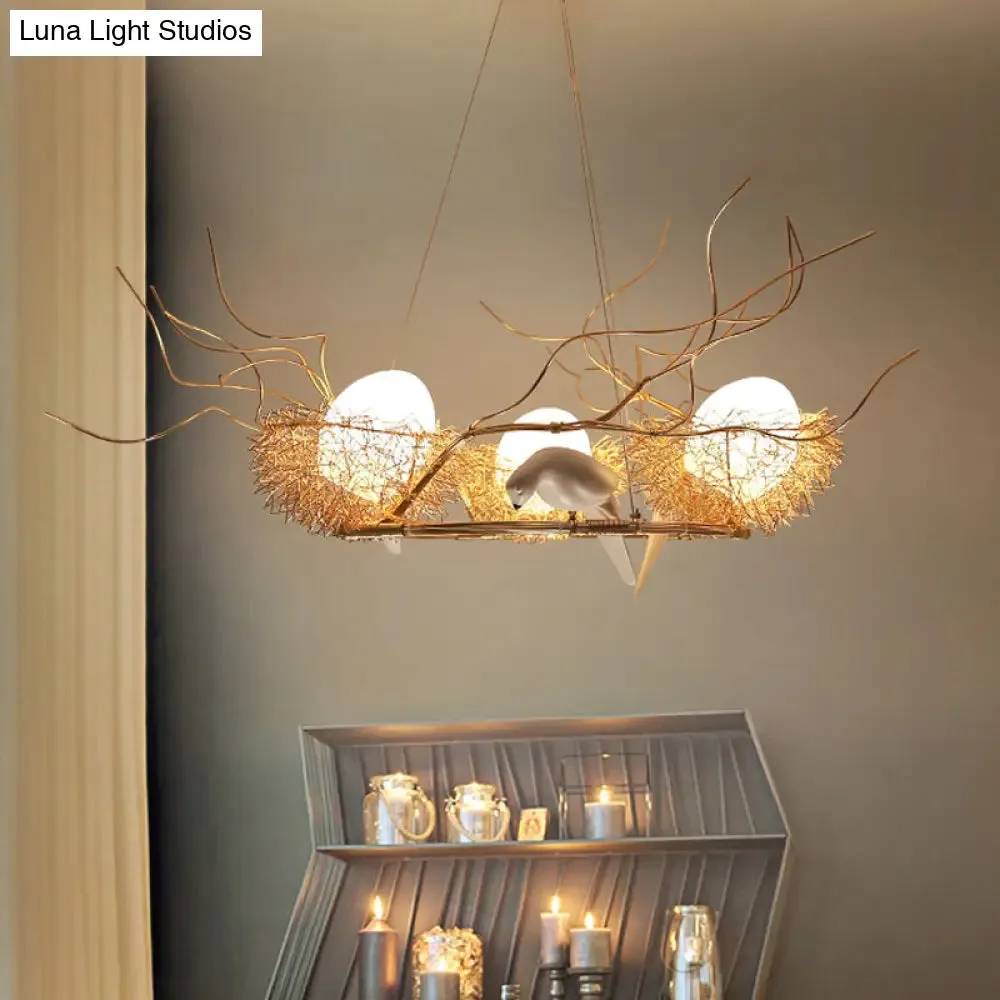 3-Light Circle Nest Chandelier with Bird & Egg in Gold - Elegant Metal Pendant Light for Cafe