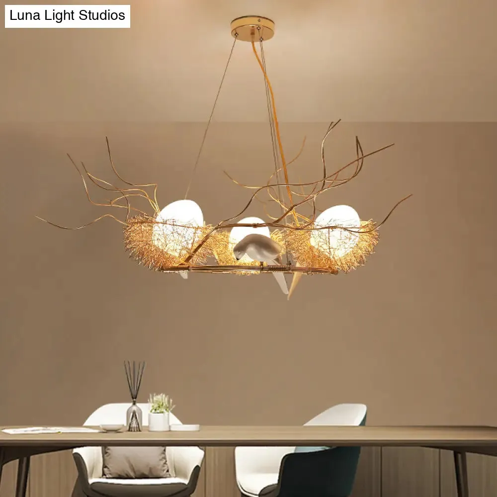 3-Light Circle Nest Chandelier with Bird & Egg in Gold - Elegant Metal Pendant Light for Cafe