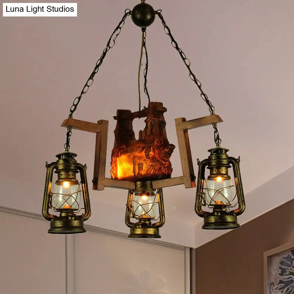 3-Light Lantern Pendant Chandelier - Loft Style Metal Aged Brass - Ideal for Restaurants