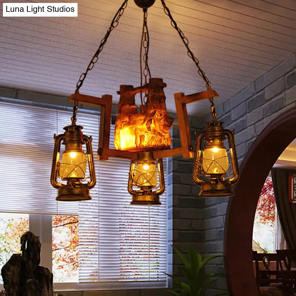 3-Light Lantern Pendant Chandelier - Loft Style Metal Aged Brass - Ideal for Restaurants