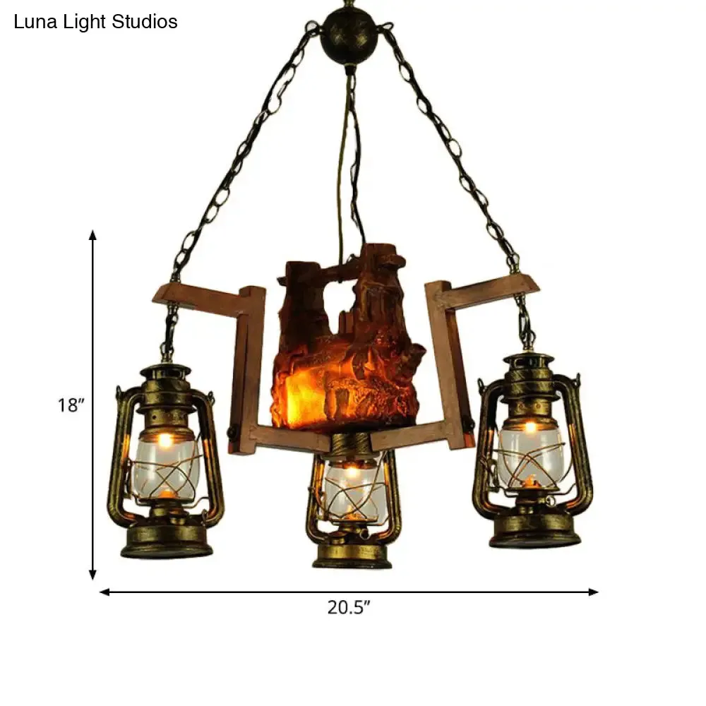 3-Light Lantern Pendant Chandelier - Loft Style Metal Aged Brass - Ideal for Restaurants