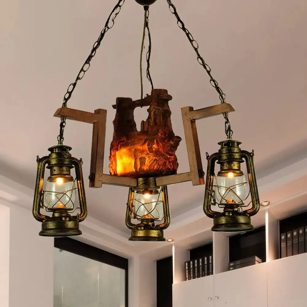 3-Light Lantern Pendant Chandelier - Loft Style Metal Aged Brass - Ideal for Restaurants