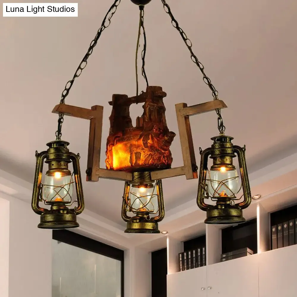 3-Light Lantern Pendant Chandelier - Loft Style Metal Aged Brass - Ideal for Restaurants