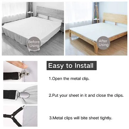 4 pieces Bed Sheet Holder Straps, black color, Adjustable Elastic Bedsheet Holders For Fitted Sheets, Easy To Install.