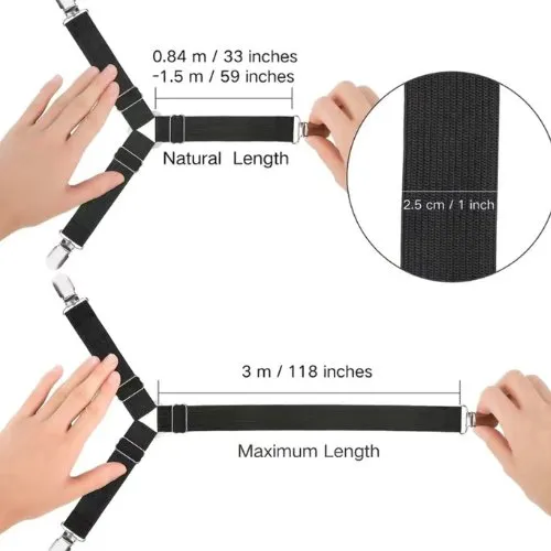 4 pieces Bed Sheet Holder Straps, black color, Adjustable Elastic Bedsheet Holders For Fitted Sheets, Easy To Install.