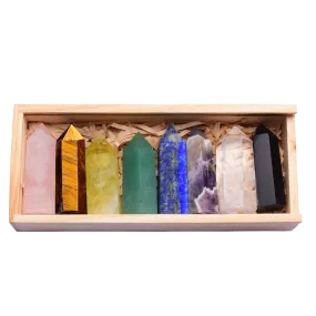 8 Natural Crystal wands in wooden gift box - used for crystal healing & Reiki