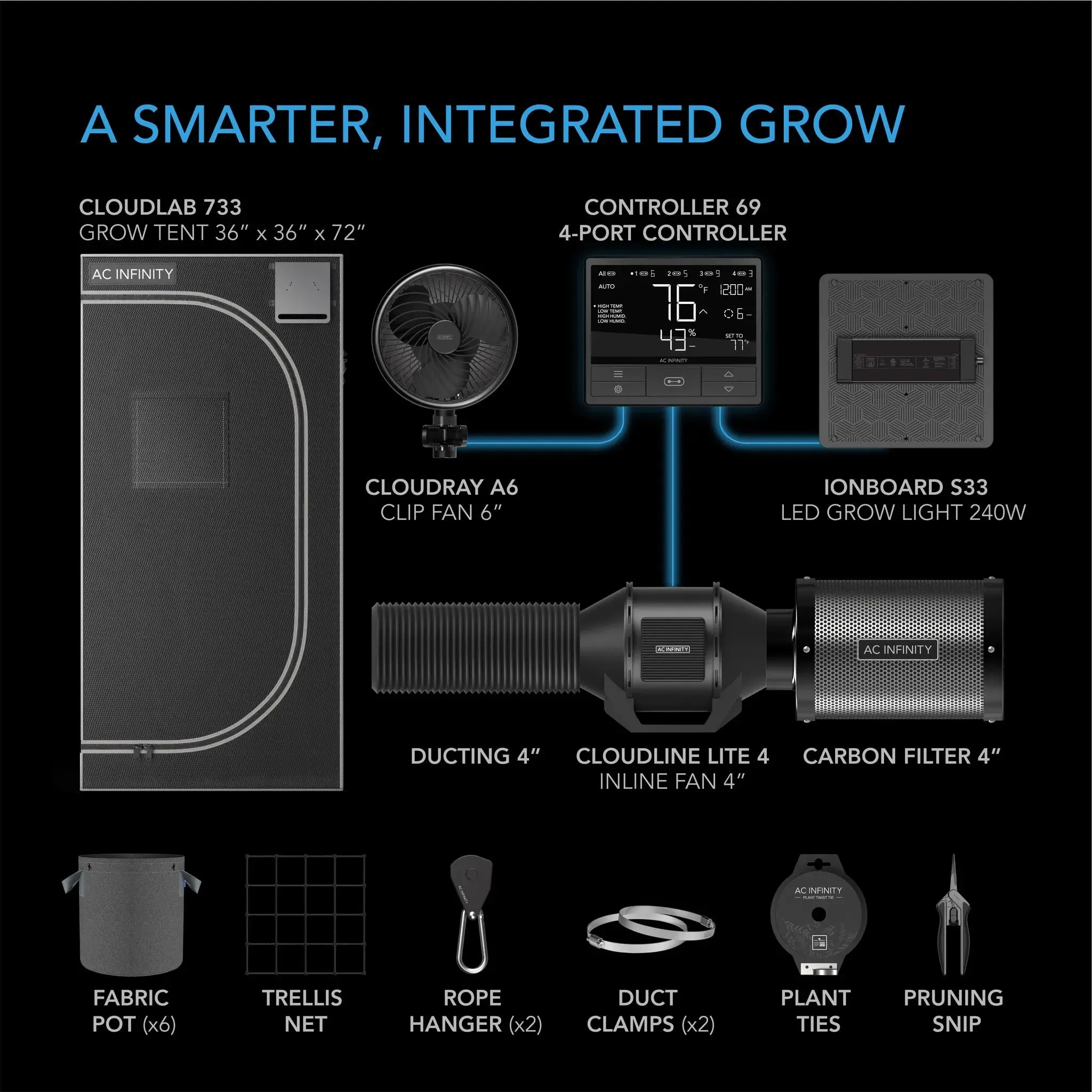 AC Infinity Advance Grow Tent System with WIFI Controls 3' x 3' | 3-Plant Kit