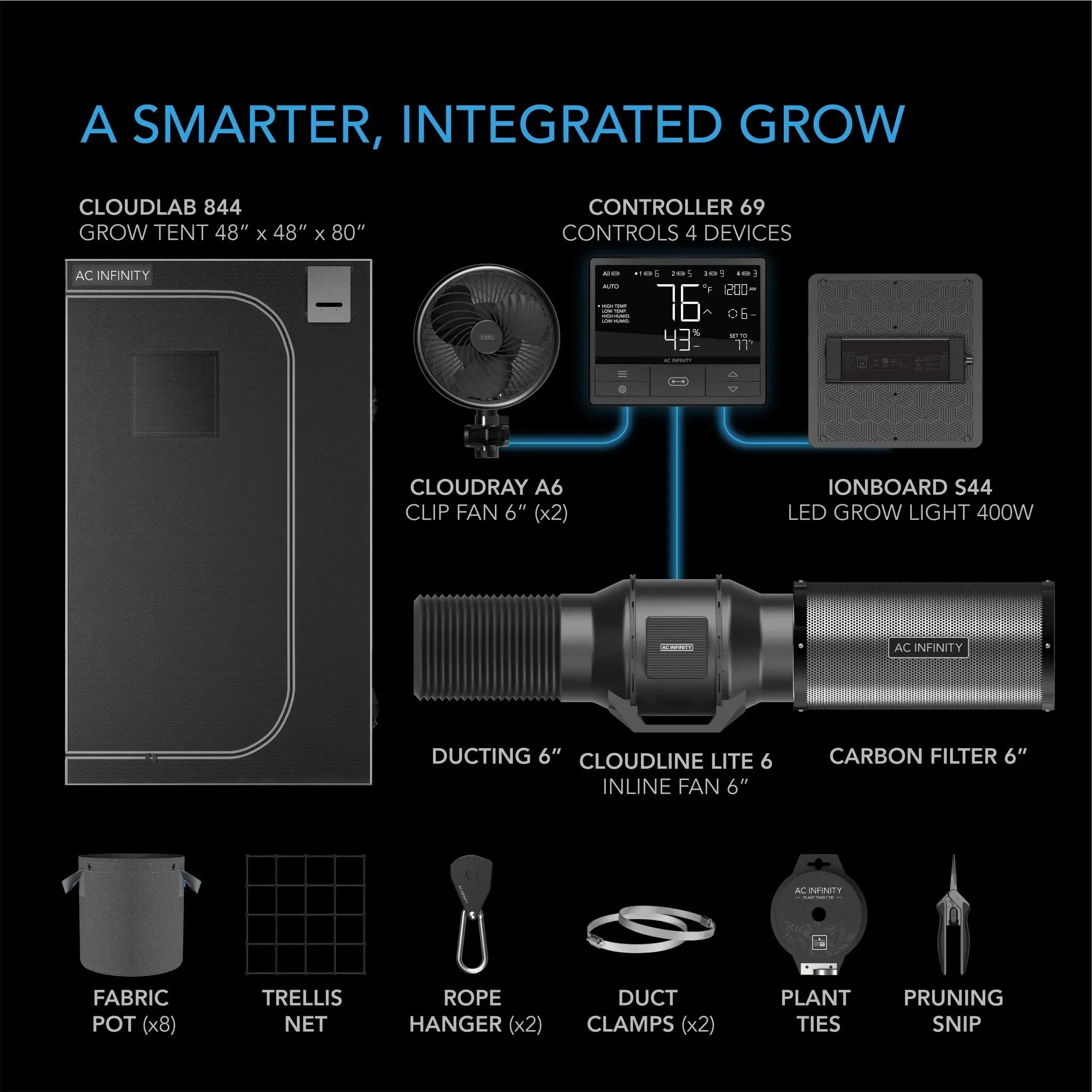 AC Infinity Advance Grow Tent System with WIFI Controls 4' x 4' | 4-Plant Kit