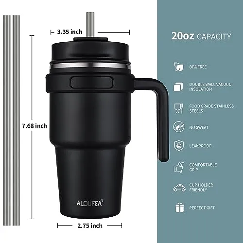 ALOUFEA 20 oz Insulated Coffee Mug Tumbler with Handle, Stainless Steel Travel Mug Tumbler with Lid and Straw,Double Wall Vacuum Leak Proof Ice Coffee Thermal Cup,Seafoam