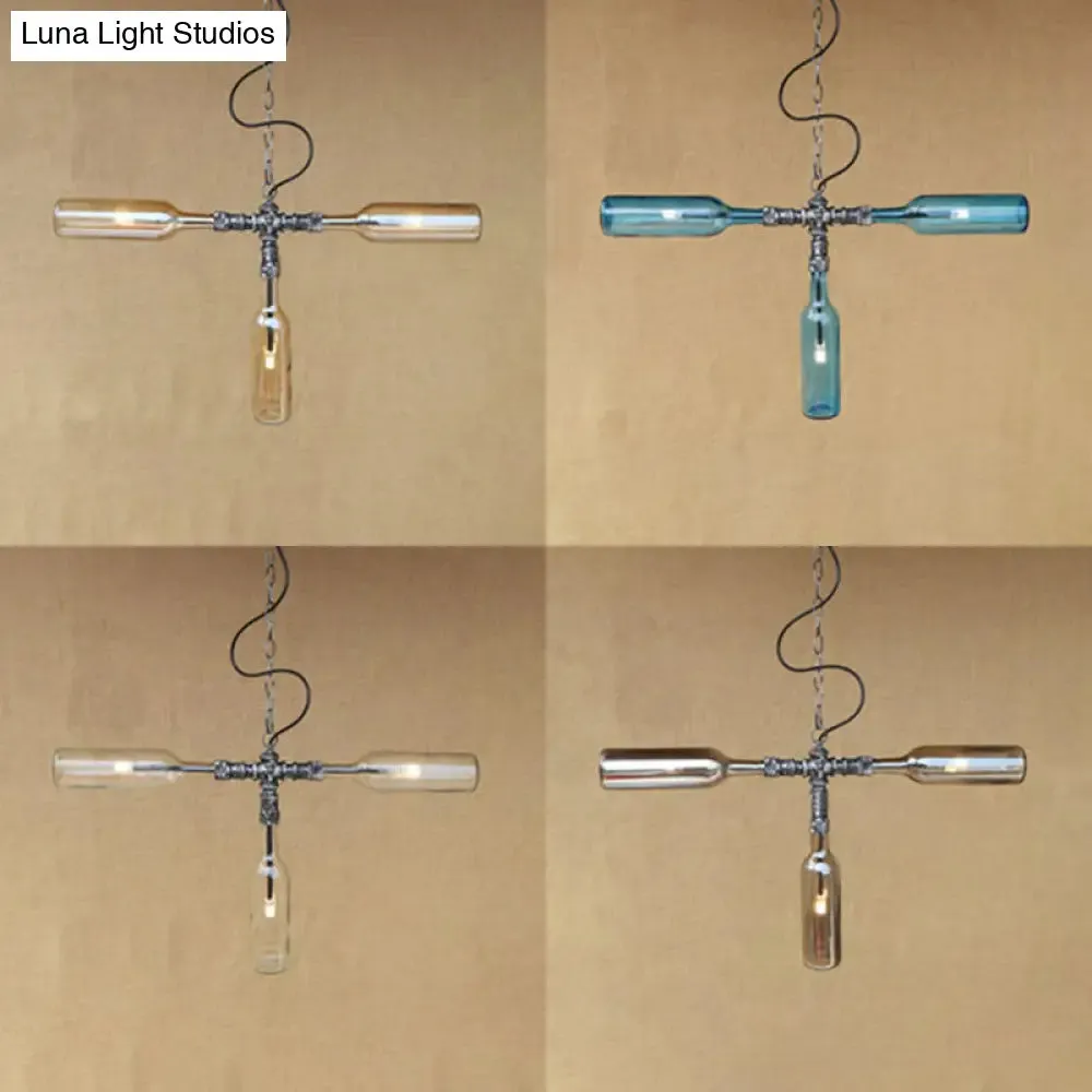 Antique Style 3-Light Pendant Lamp with Blue/Clear Glass Bottle Shades - for Restaurants and Bars