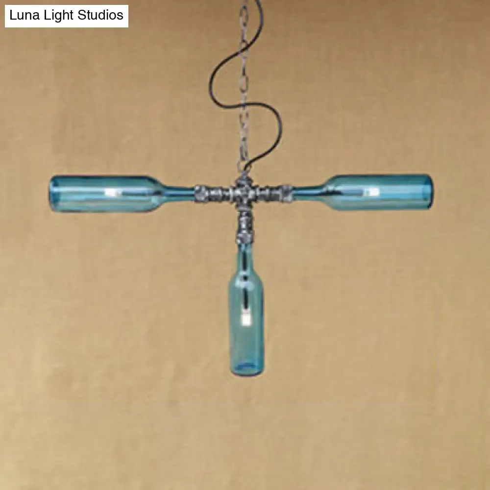 Antique Style 3-Light Pendant Lamp with Blue/Clear Glass Bottle Shades - for Restaurants and Bars