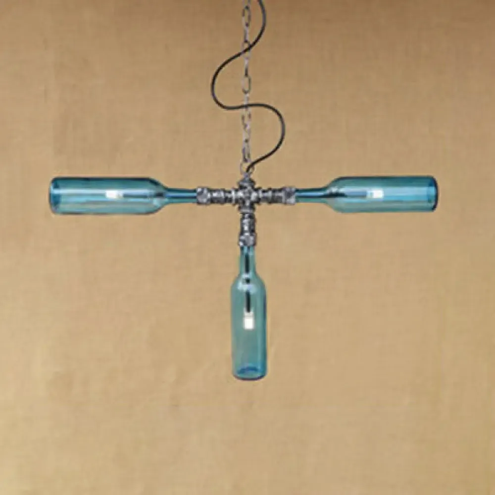 Antique Style 3-Light Pendant Lamp with Blue/Clear Glass Bottle Shades - for Restaurants and Bars