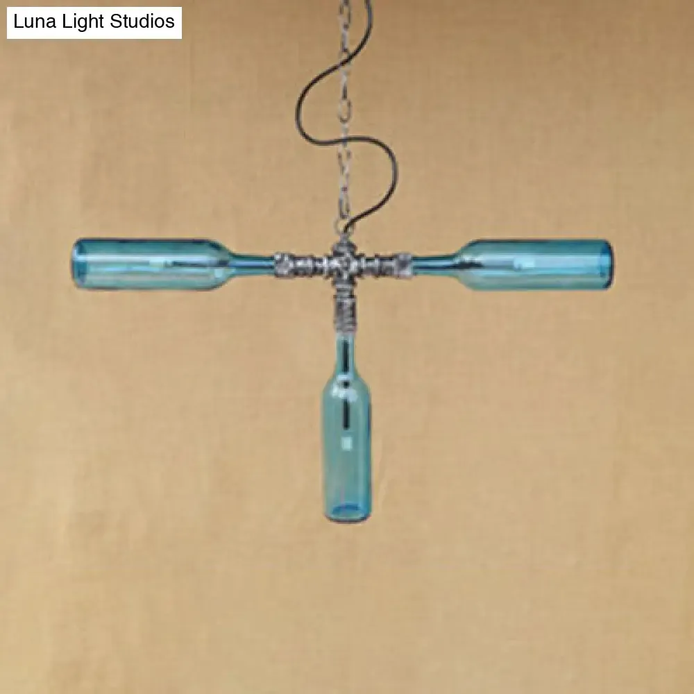 Antique Style 3-Light Pendant Lamp with Blue/Clear Glass Bottle Shades - for Restaurants and Bars