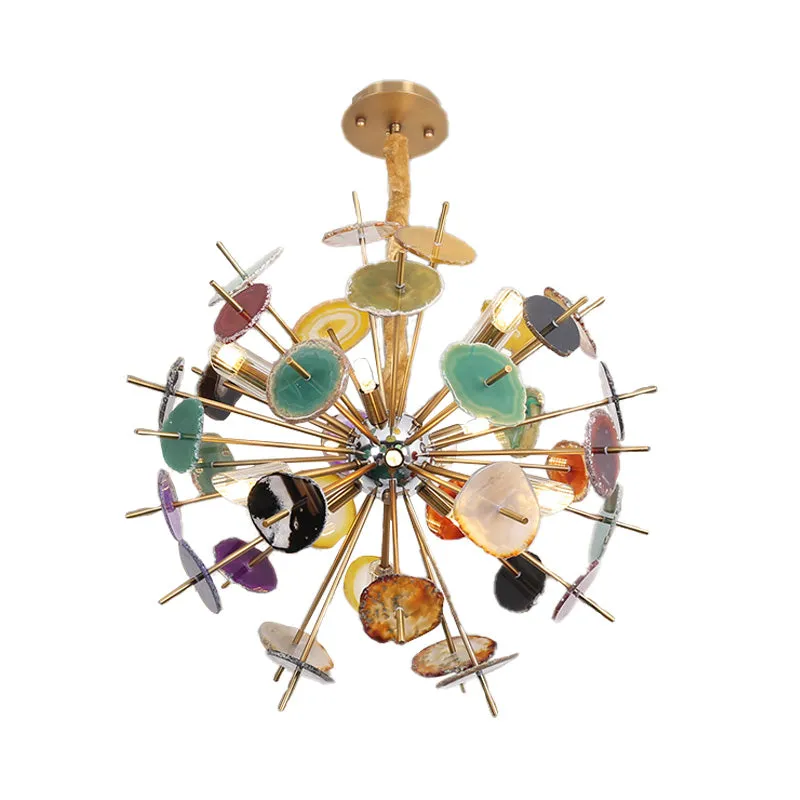 Art Deco Agate Flower Chandelier: 12-Light Gold Hanging Ceiling Light