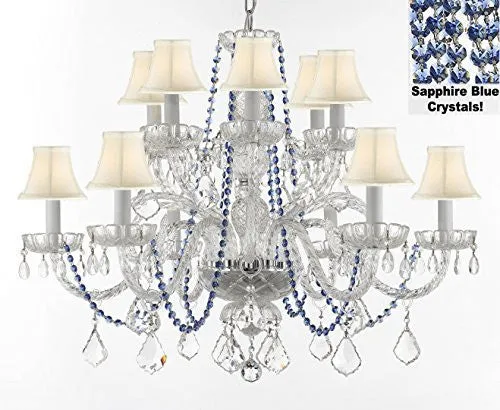 Authentic All Crystal Chandelier Chandeliers Lighting With Sapphire Blue Crystals And White Shades Perfect For Living Room Dining Room Kitchen H32" W27" - F46-B82/Whiteshades/385/6 6