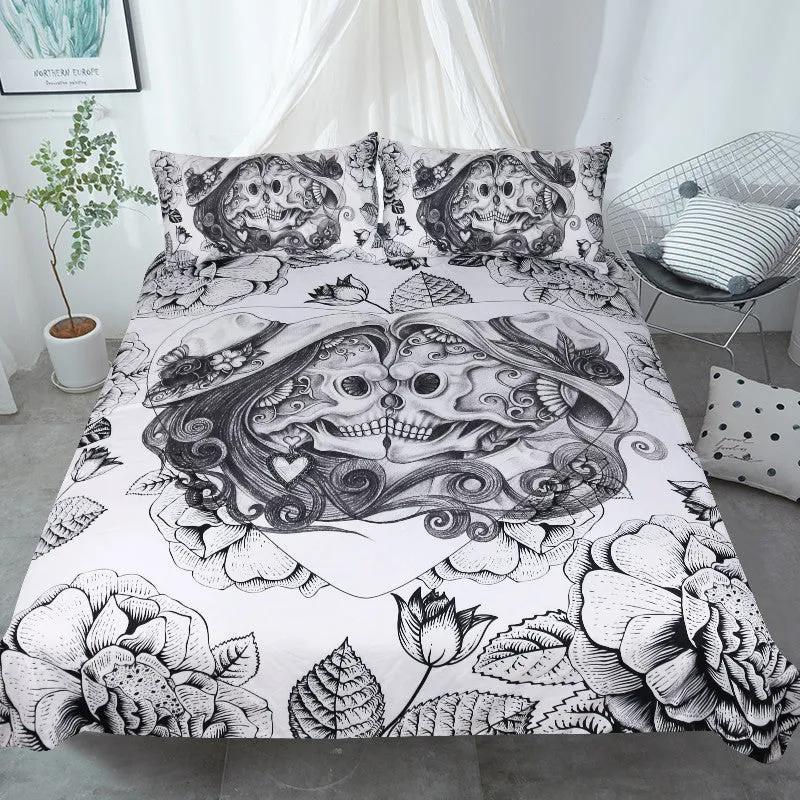 BeddingOutlet Skull Bedding Set King  Duvet Cover 3 Pieces Couples Vintage Bedclothes Floral Double Love Bed Set