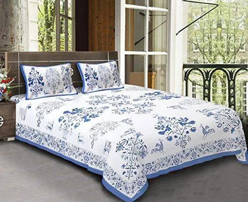 Bhagwatiudyog King Size Block Print Cotton Double Bedsheet with Pillow Cover (Blue)