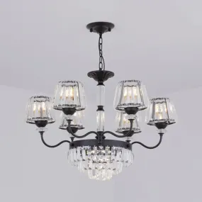 Black Tiered Crystal Block Chandelier Lamp with Down Lighting - 6 Lights, Conical Shade