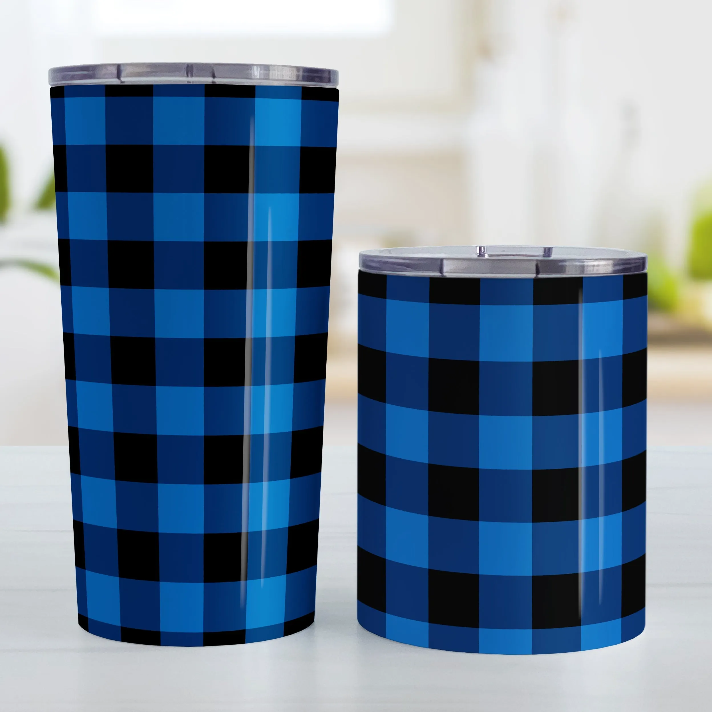 Blue and Black Buffalo Plaid Tumbler Cup