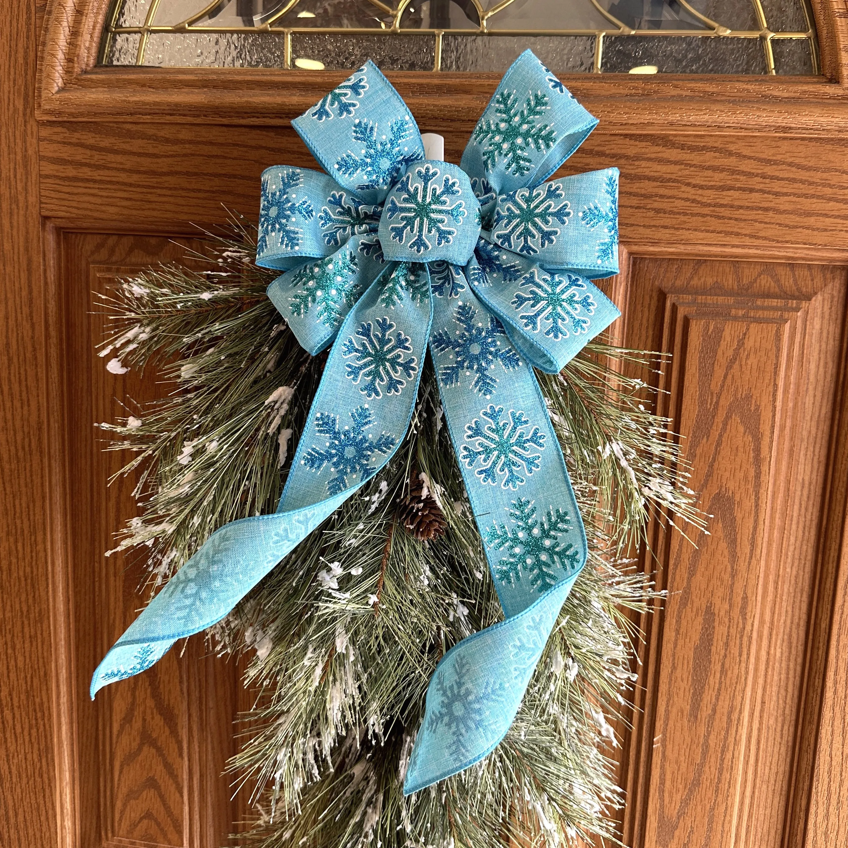 Blue Snowflakes Christmas Wreath Bow - 10" Wide, 18" Long Pre-Tied Bow