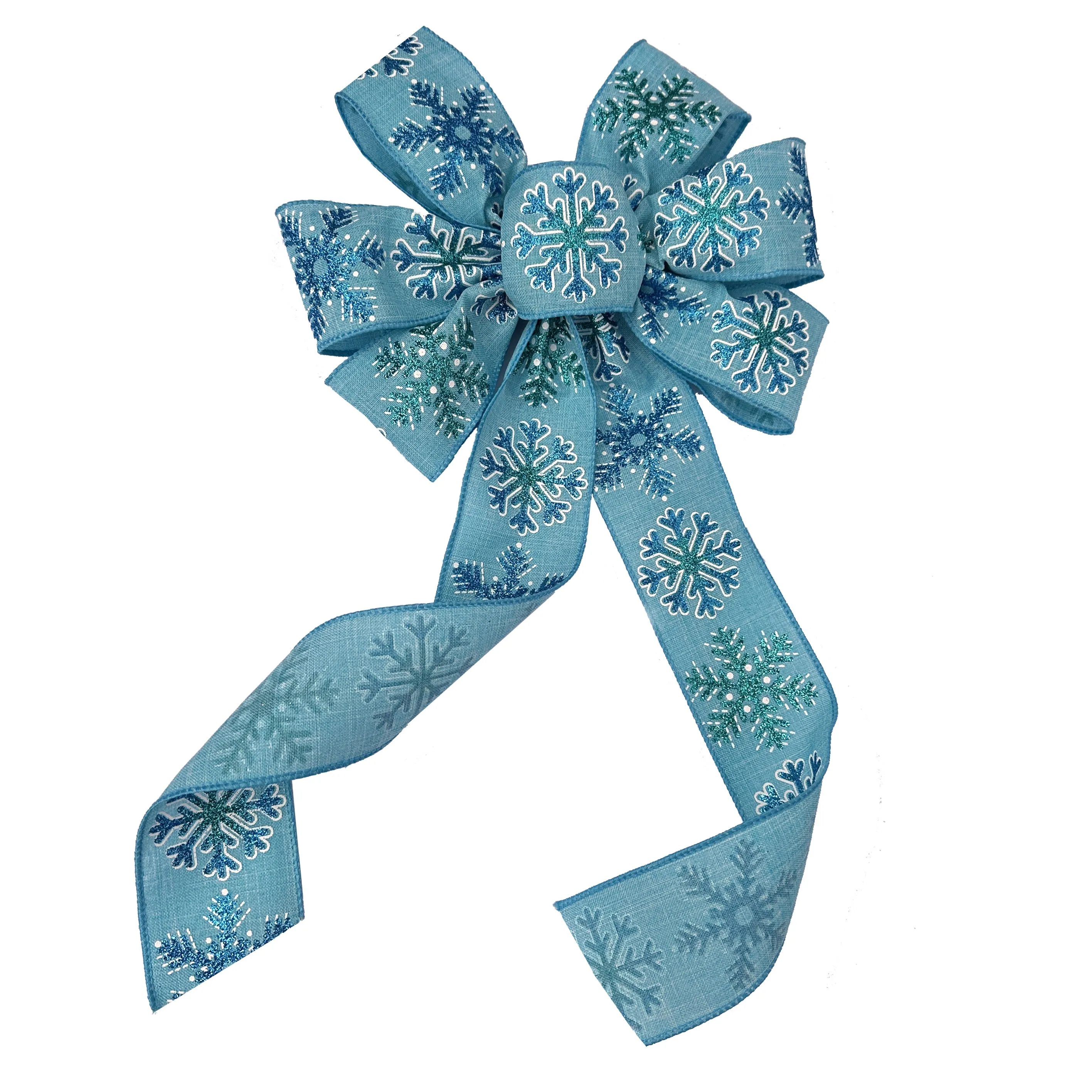 Blue Snowflakes Christmas Wreath Bow - 10" Wide, 18" Long Pre-Tied Bow