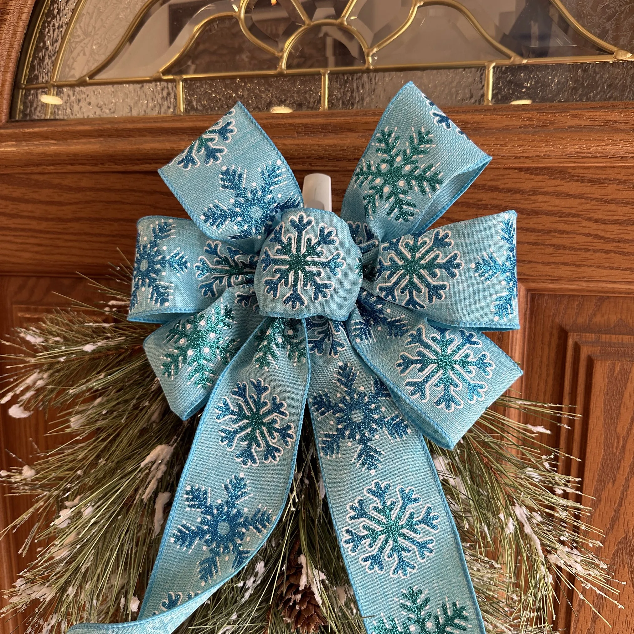 Blue Snowflakes Christmas Wreath Bow - 10" Wide, 18" Long Pre-Tied Bow