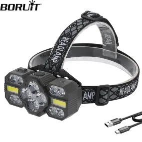 BORUiT 1800LM Powerful LED Headlamp Type-C Rechargeable Headlight Red Light Head Torch Waterproof Fishing Running Lantern