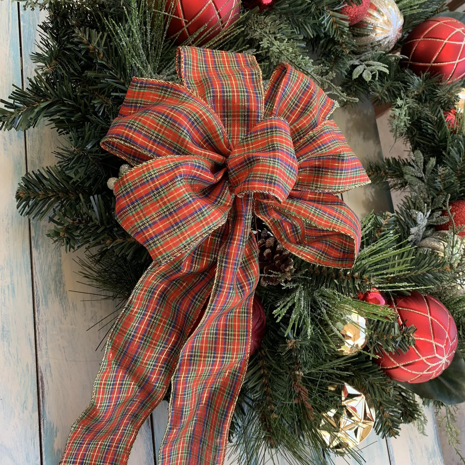 Christmas Tartan Ribbon Wreath Bow - 10" Wide, 18" Long