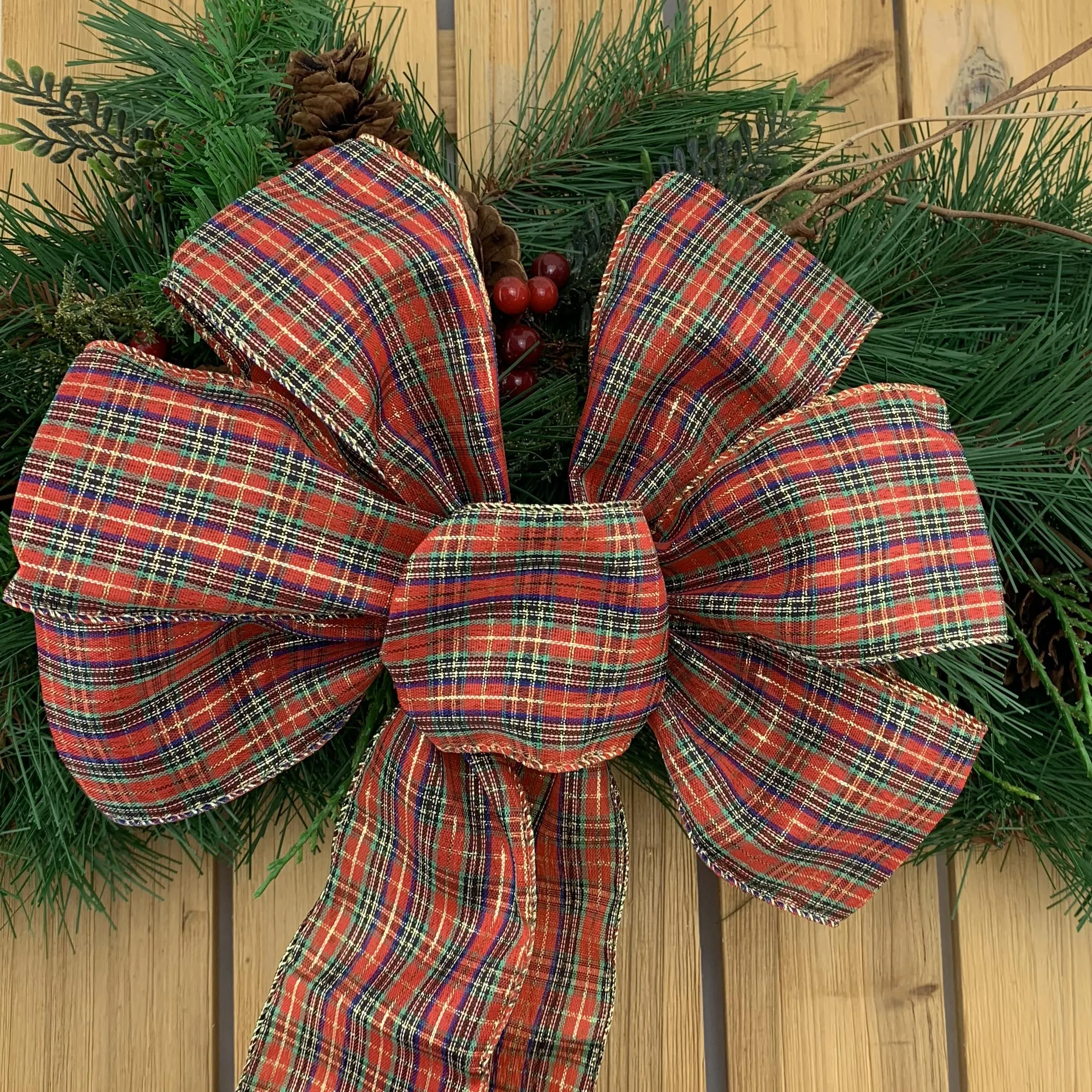 Christmas Tartan Ribbon Wreath Bow - 10" Wide, 18" Long