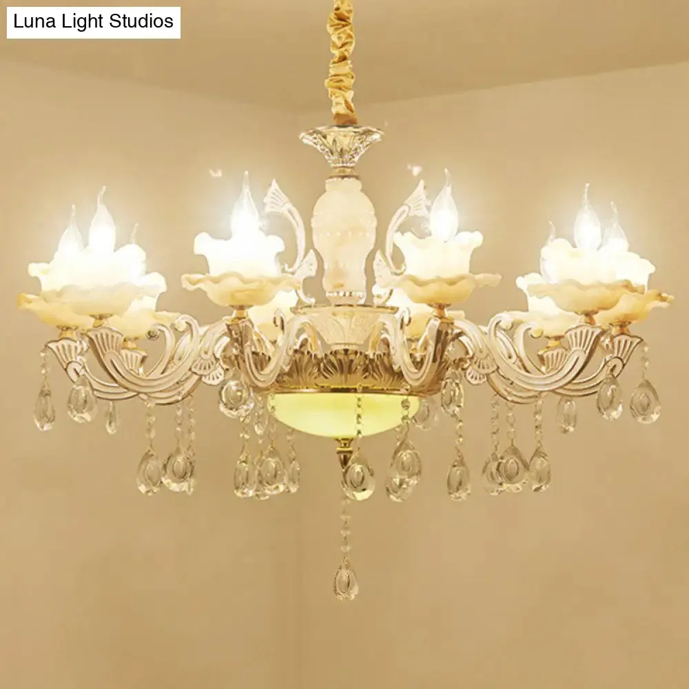 Classic White Faux Candle Chandelier for Living Room with Frosted Glass Pendant and Crystal Décor