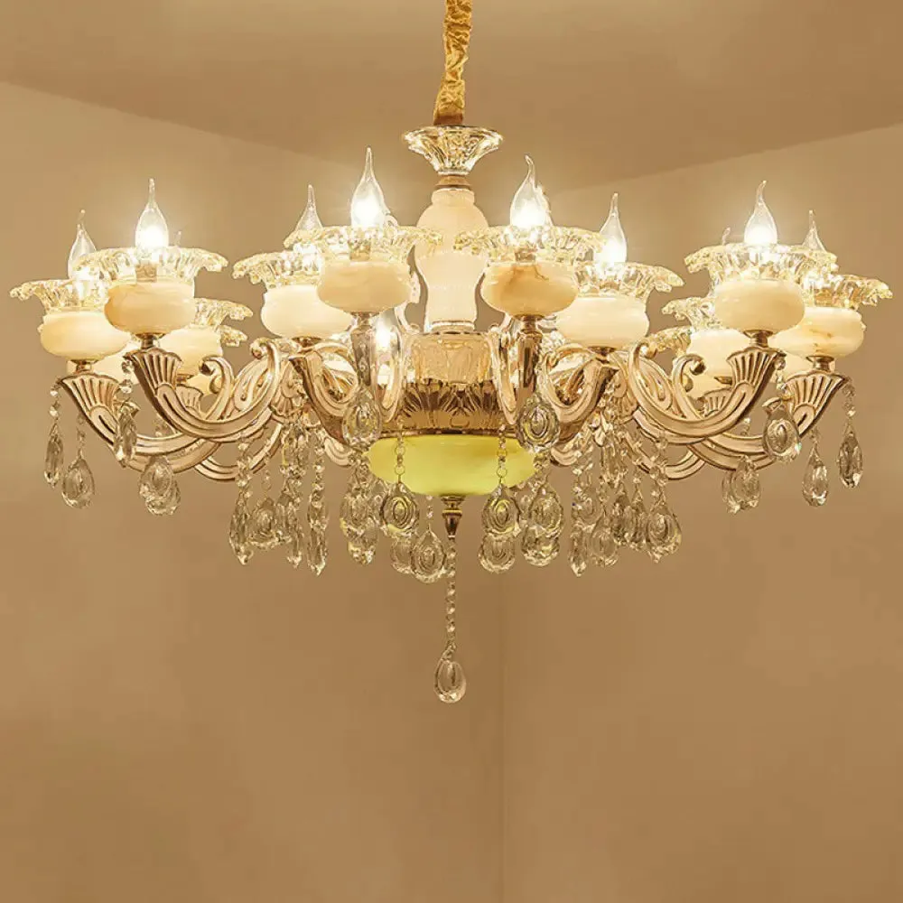 Classic White Faux Candle Chandelier for Living Room with Frosted Glass Pendant and Crystal Décor