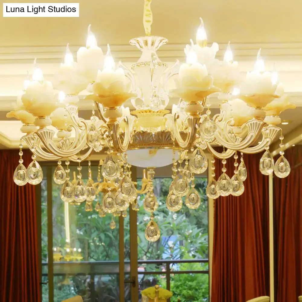 Classic White Faux Candle Chandelier for Living Room with Frosted Glass Pendant and Crystal Décor