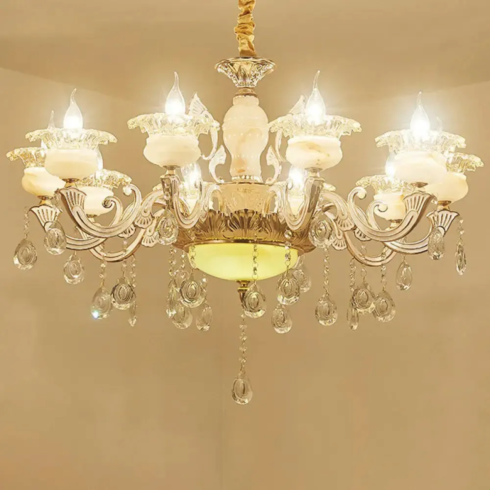 Classic White Faux Candle Chandelier for Living Room with Frosted Glass Pendant and Crystal Décor