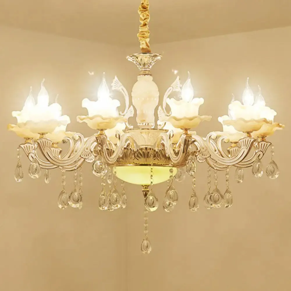 Classic White Faux Candle Chandelier for Living Room with Frosted Glass Pendant and Crystal Décor