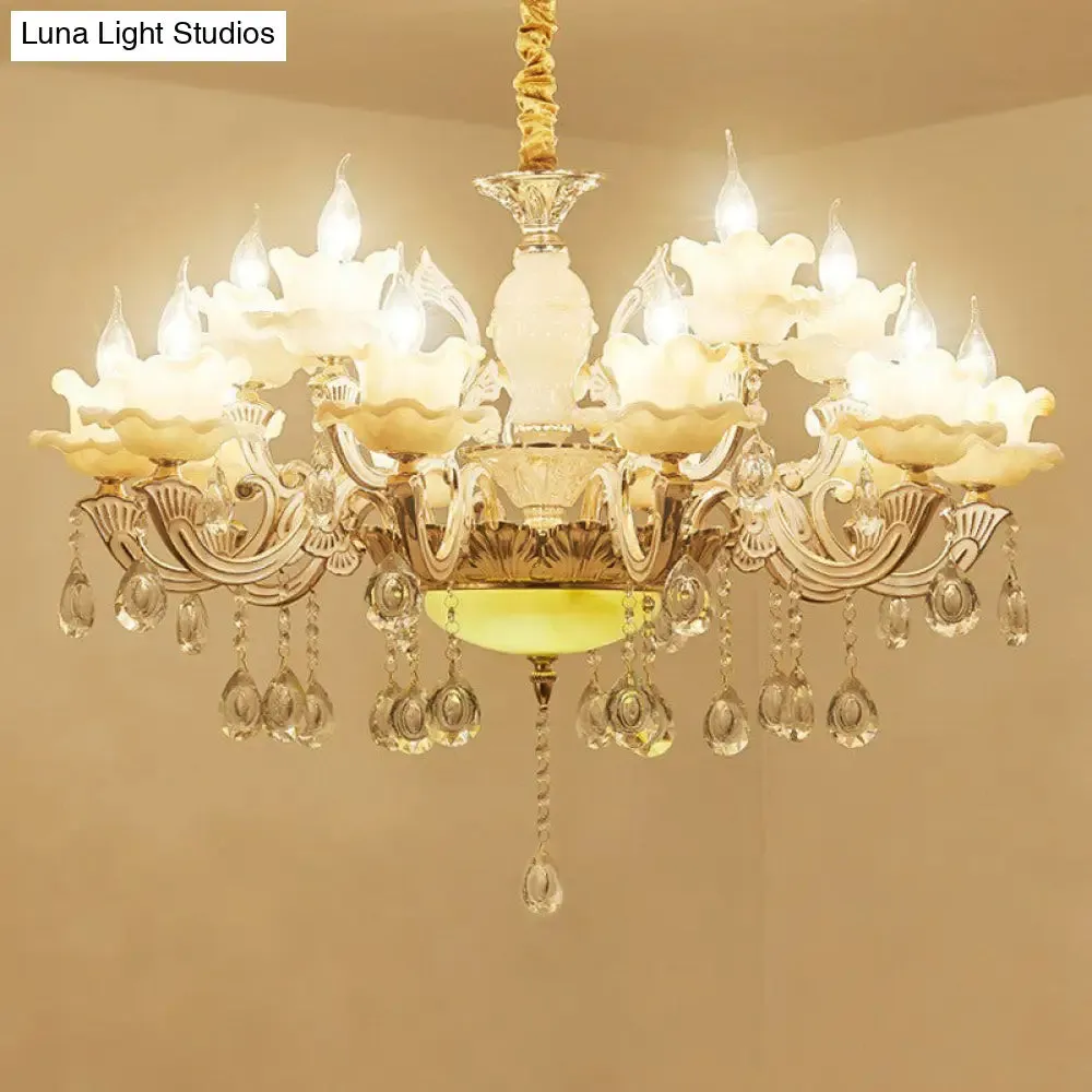 Classic White Faux Candle Chandelier for Living Room with Frosted Glass Pendant and Crystal Décor