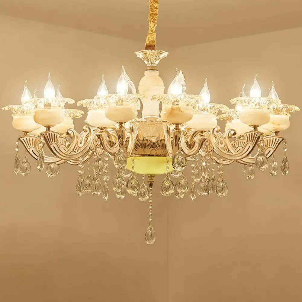 Classic White Faux Candle Chandelier for Living Room with Frosted Glass Pendant and Crystal Décor