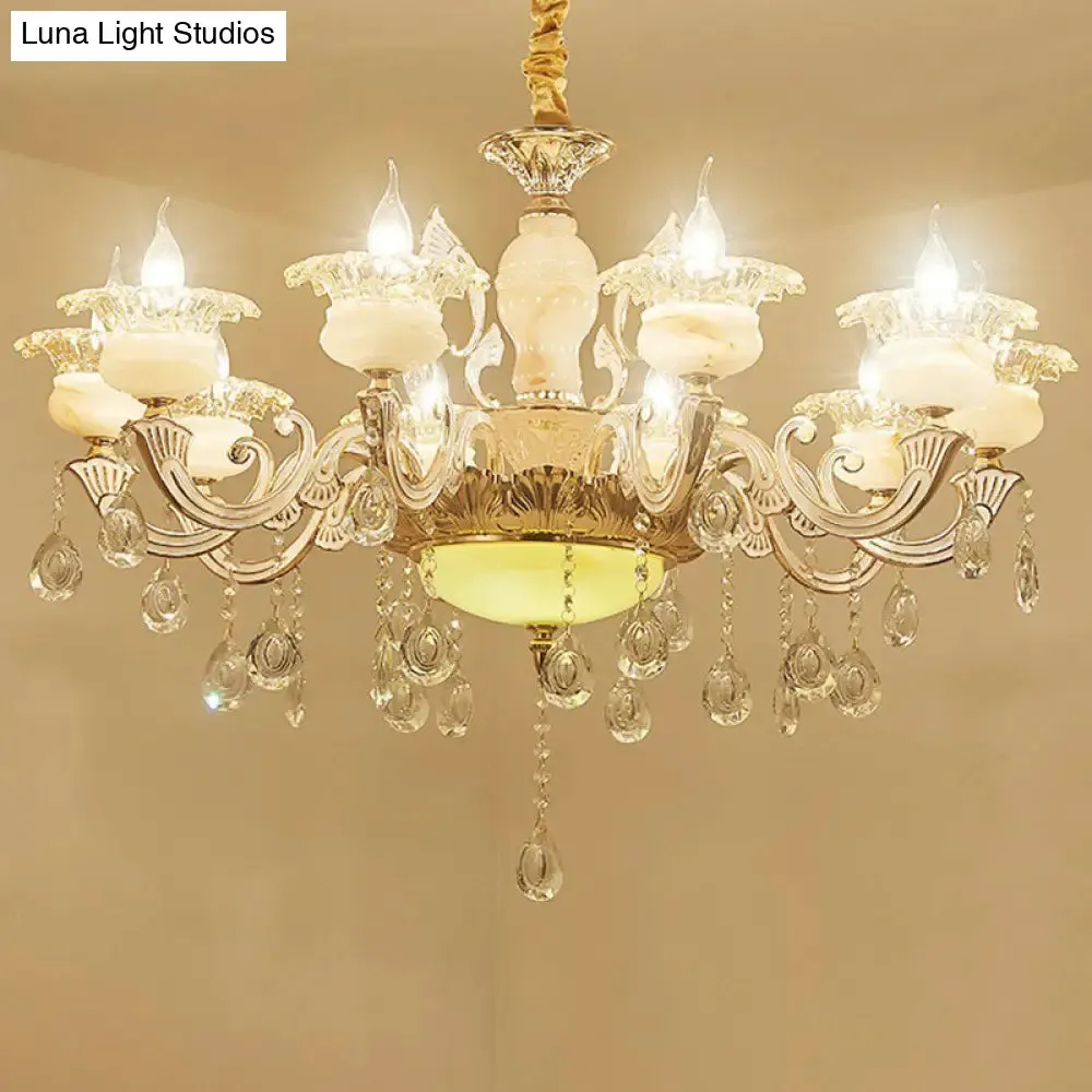 Classic White Faux Candle Chandelier for Living Room with Frosted Glass Pendant and Crystal Décor