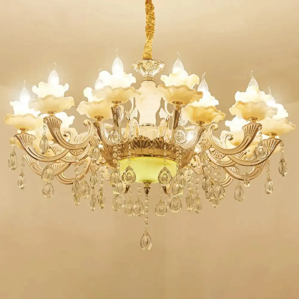 Classic White Faux Candle Chandelier for Living Room with Frosted Glass Pendant and Crystal Décor