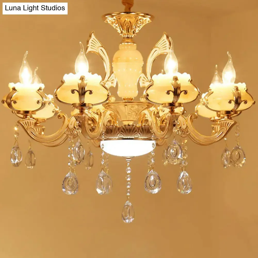 Classic White Faux Candle Chandelier for Living Room with Frosted Glass Pendant and Crystal Décor