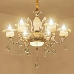 Classic White Faux Candle Chandelier for Living Room with Frosted Glass Pendant and Crystal Décor