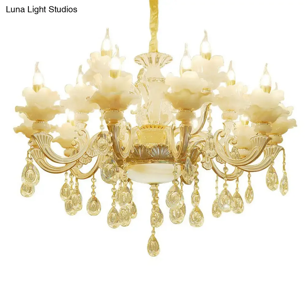 Classic White Faux Candle Chandelier for Living Room with Frosted Glass Pendant and Crystal Décor